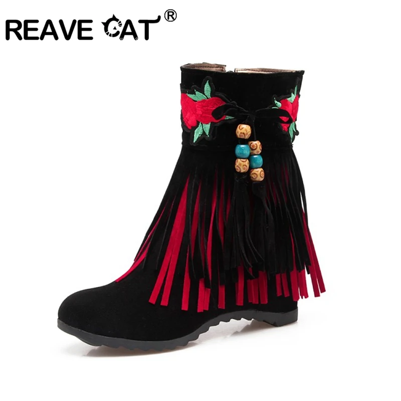 

REAVE CAT Woman Wedges Ankle boots Ethnic Round toe Fringe Beads Zipper Flock Autumn winter Warm Female Red Black big size 43