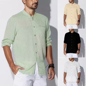 

Dihope Autumn Plus Size 3XL Tunic Mens Shirt Solid Linen Basic Button Casual Linen Cotton Long Sleeve V-neck Shirts Men