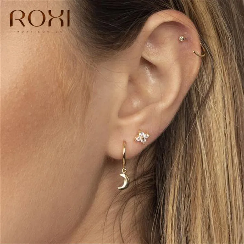 ROXI, бохо, полумесяц, серьга в форме Луны, 925 пробы, серебряная луна, подвеска, маленькие серьги-гвоздики для женщин, ювелирное изделие, женские серьги-гвоздики, подарок