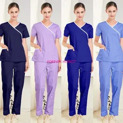 Women Medical Clothes Vet Scrub Top Mock Wrap V Neck Nursing Uniforms Short Sleeve Cotton Scrub Set Spa Uniform Doctor Work Wear
