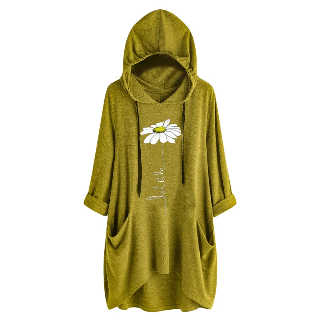 Color 4 Plus Size 5xl Women Casual Hoodies Print Hooded Long Sleeves Roll Up Sleeve Pockets Irregular Top Blouse Shirts Feminine#J30 - Color: Color 4