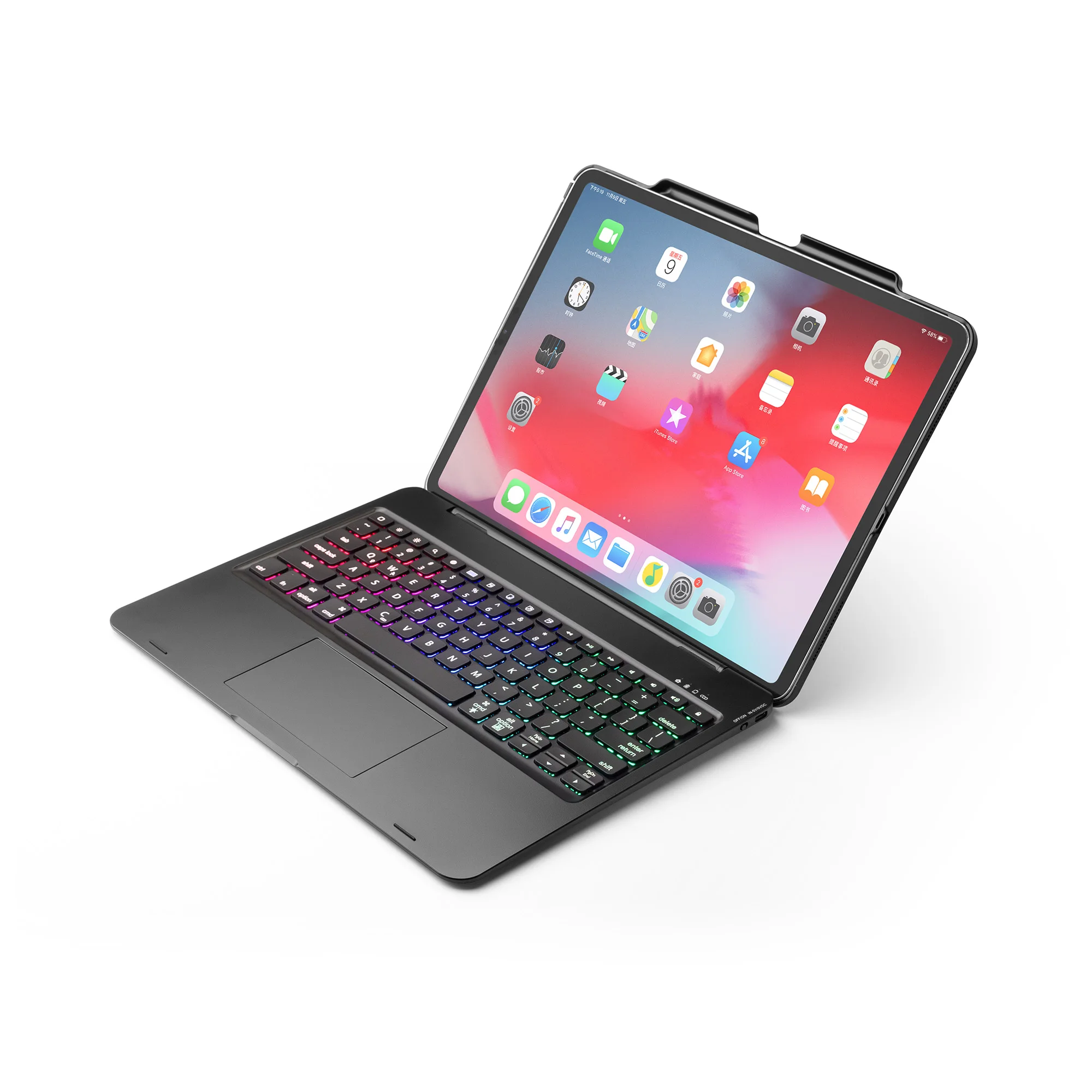 [Новинка] 4,0 Беспроводная bluetooth клавиатура для iPad pro 12,", сенсорная панель для мыши+ 7 цветов подсветка+ Премиум Пластиковый Чехол - Цвет: Black