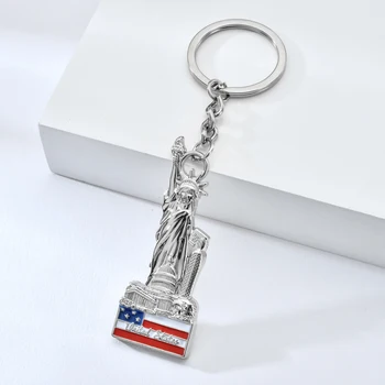 

United States Flag Emboss Pattern Keychain Statue of Liberty Silver Color Zinc Alloy Metal Souvenir Keyring for gift