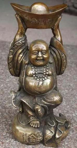 YM 320 1" Китайская бронза счастливый смех Maitreya Будда Yuanbao на мешок для денег Статуэтка янбао