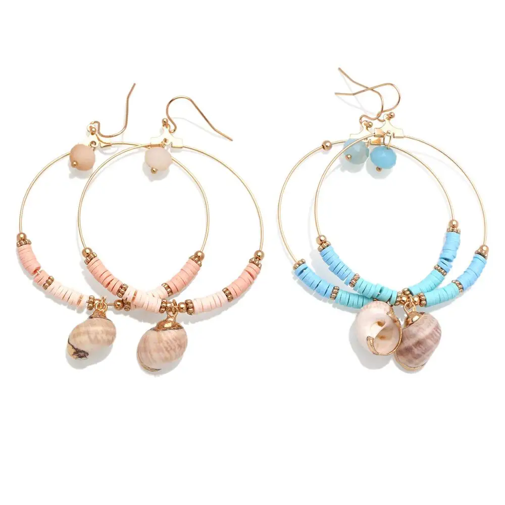 Boho Two Tone Polymer Clay Heishi Beads Sea Snail Pendant Hook Earrings Women Girl 2020 New Fashion Crystal Cowrie Beach Jewelry | Украшения