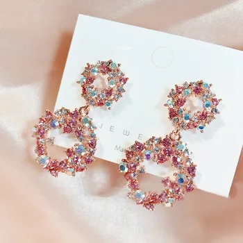 

MENGJIQIAO Hot Sale Sweet Colorful Rhinestone Double Circle Drop Earrings For Women Girls Fashion Elegant Holiday Party Jewelry