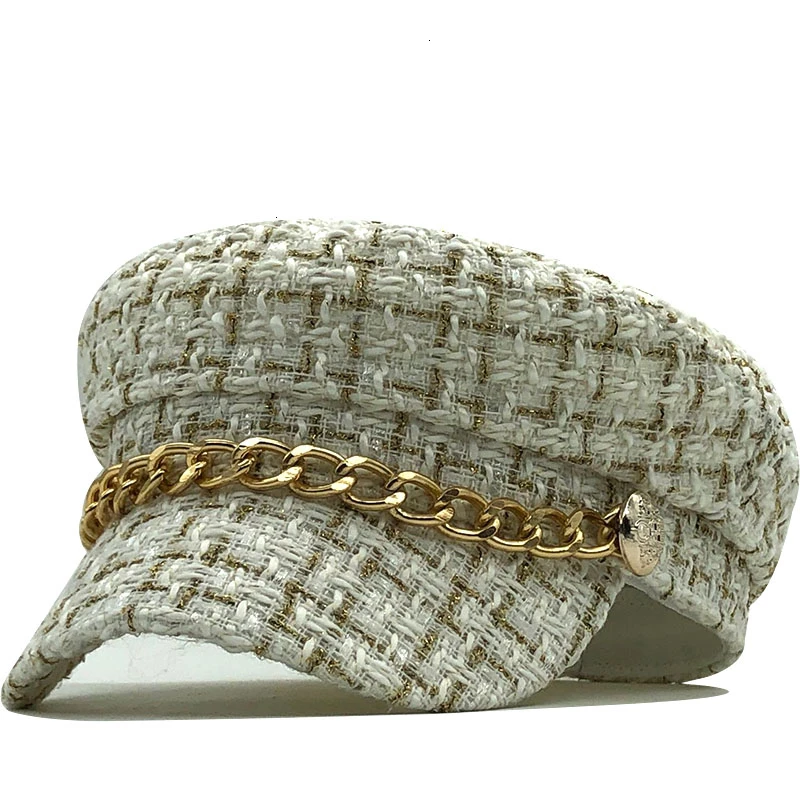 New women hats Tweed plaid newsboy caps chain flat top visor cap vintage plaid military cap female autumn winter hats
