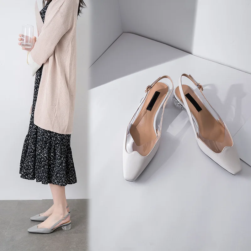 

2019 Spring New Style Sandals Women's Closed-toe Transparent Crystal Chunky-Heel Korean-style Genuine Leather Slingback with Sho