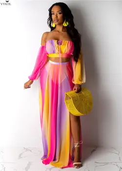 

Two Piece Set Rainbow Stripe Print Chiffon Dresses Strapless Off Shoulder Crop Top Women Set High Slit Two Piece Skirt Set Suits