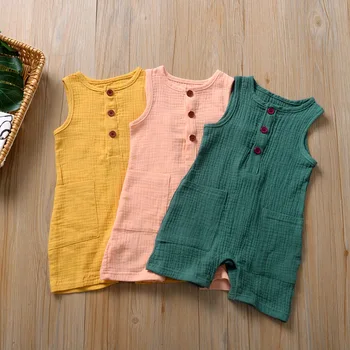 

2020 Summer Baby Romper Jumpsuit with Big Pockets Solid Color Boxer Pants Sleeveless Boy Girl Romper 0-4 Y