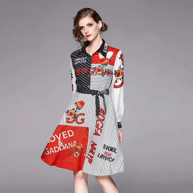 

new women's dresses Turn-down Collar dress with shashes and streetwear dresses and print dresses