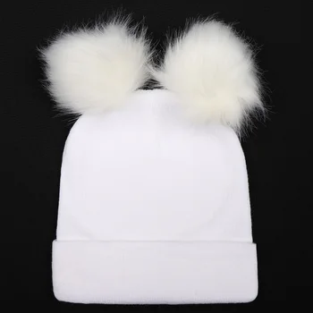

Women Warm Soft Knitting Double Ball Hat Beanies Pompom Faux Fur Autumn Winter Solid Girl