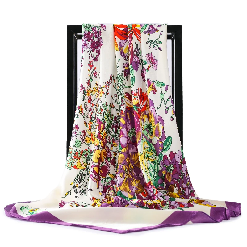 

2021 Fashion Kerchief Silk Satin Neck Scarf For Women Print Hijab Scarfs Female 90*90cm Square Shawls and Wraps Scarves For Lady