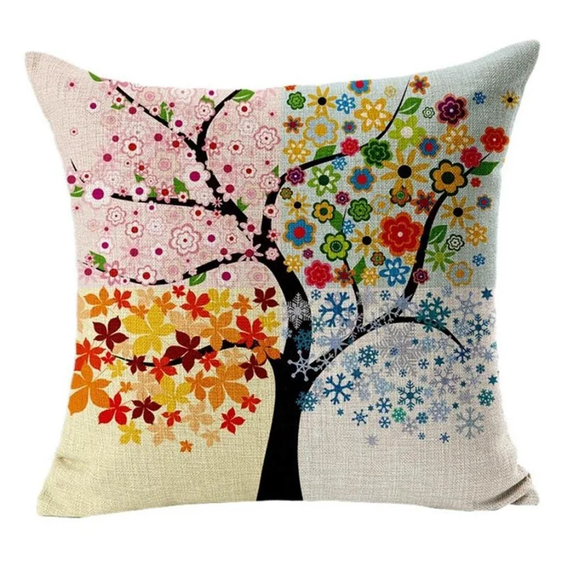 Tree Flowers Printed Pillows in Linen Sofa Vintage Pillow Case Four Seasons Tree