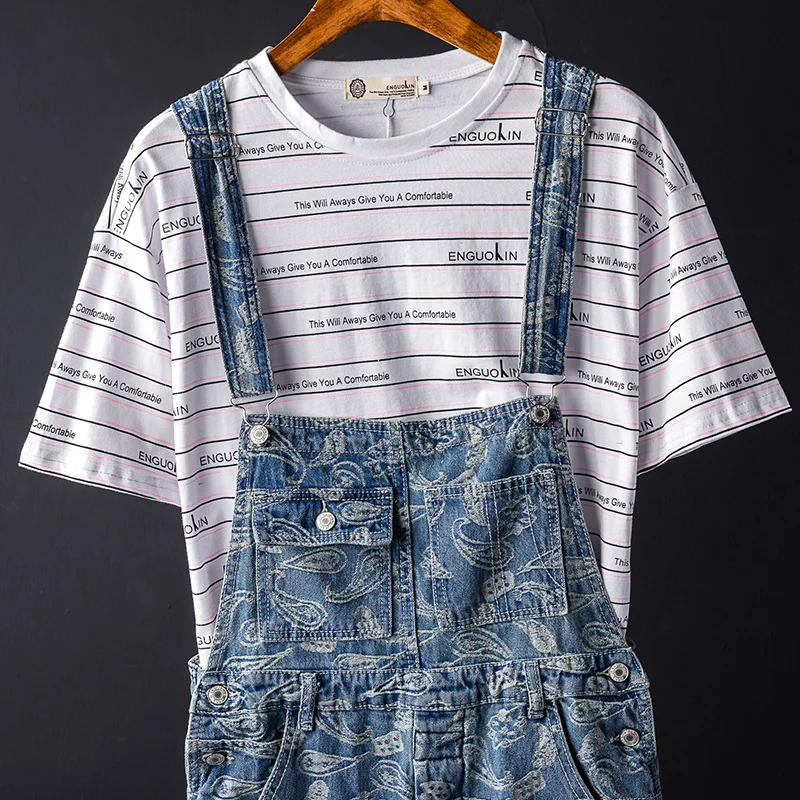 Man Bib Overalls Suspender Pants Straight Printing Jeans Loose Large Size Hip Hop Street Dance Jumpsuits Fashion Denim Trousers