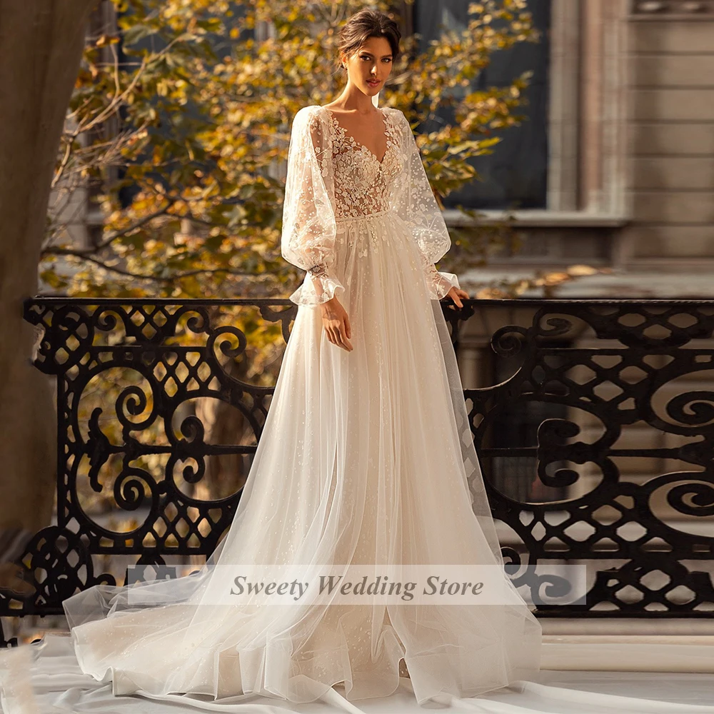 Romantic Flower Lace Wedding Dress Princess Bridal Gowns Long Sleeves V Neck See-through A Line Sweep Train Wedding Dresses 3