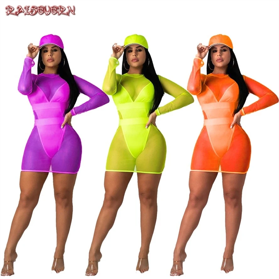 

2 Piece Set Summer Clothes For Women Mesh Dress And Sexy Bobysuit Sweat Suit Sexy Two Piece Outfits Matching Sets 2019