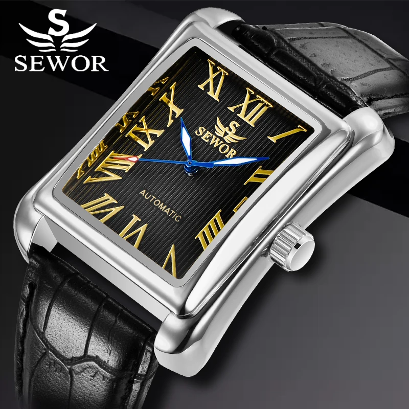 

SEWOR Brand Male Relogio Square Case Roman Numeral Dial Auto Date Day Calendar Leather Belt Automatic Mechanical Men's Watch