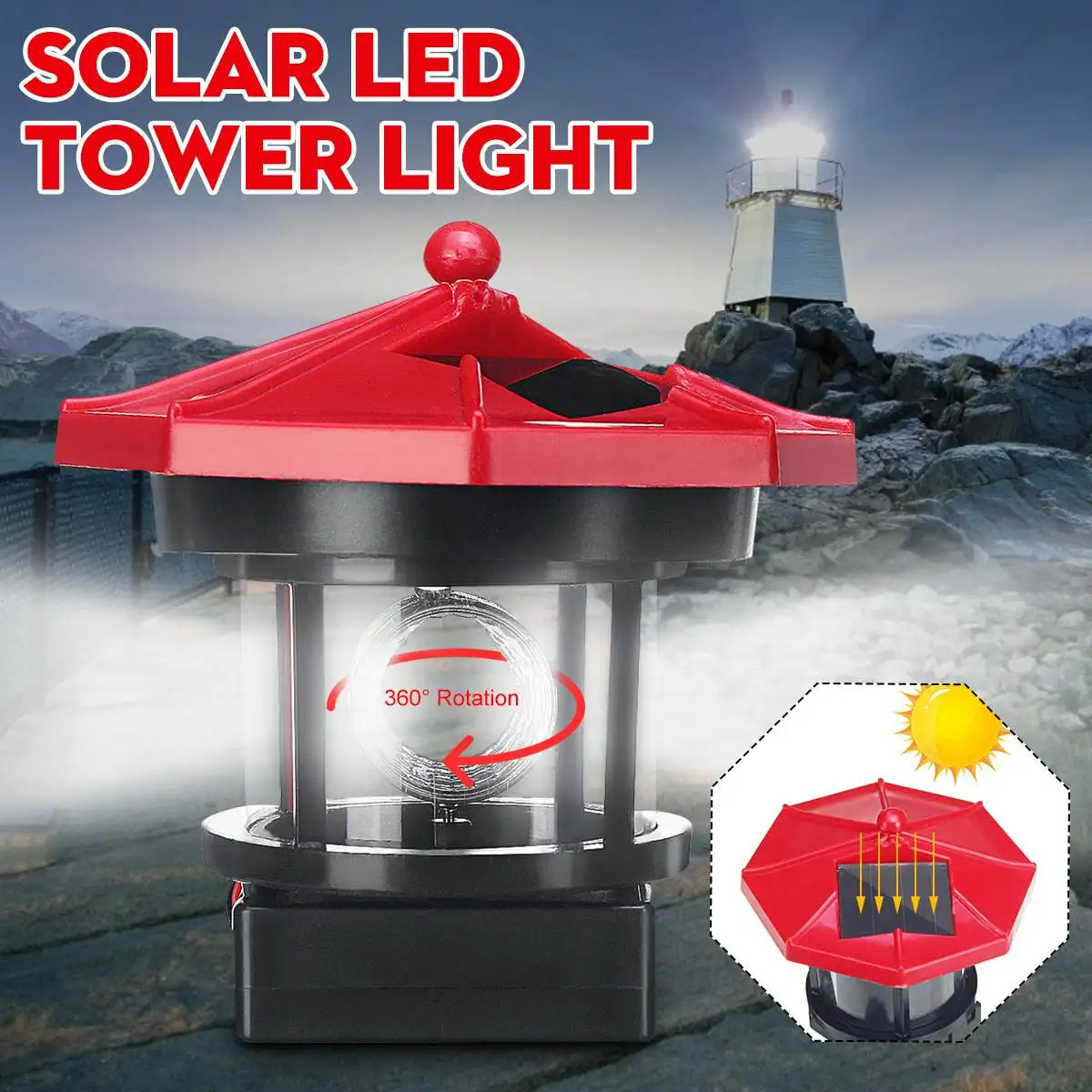 Solar power LED beacon light with rotating light beam Lighthouse solar light home garden decoration fence lawn lamp Fairy light