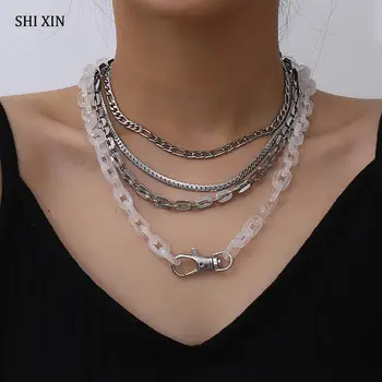 

SHIXIN 4 Pcs Punk Layered Chunky Chain Choker Necklace Colar Set for Women Hip Hop Stainless Steel Necklace Neck Fashion Jewelry