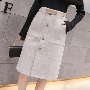 

2019 Winter New Women Woolen Midi Skirt Korean Fashion Single Breasted Pockets Casual Skirts Ladies Elegant Package Hip Skirt