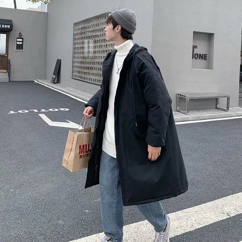 

Korean Thick Long Coat Men's Warm Fashion Casual Black Hooded Coat Men Streetwear Loose Oversize Winter Jacket Mens Overcoat