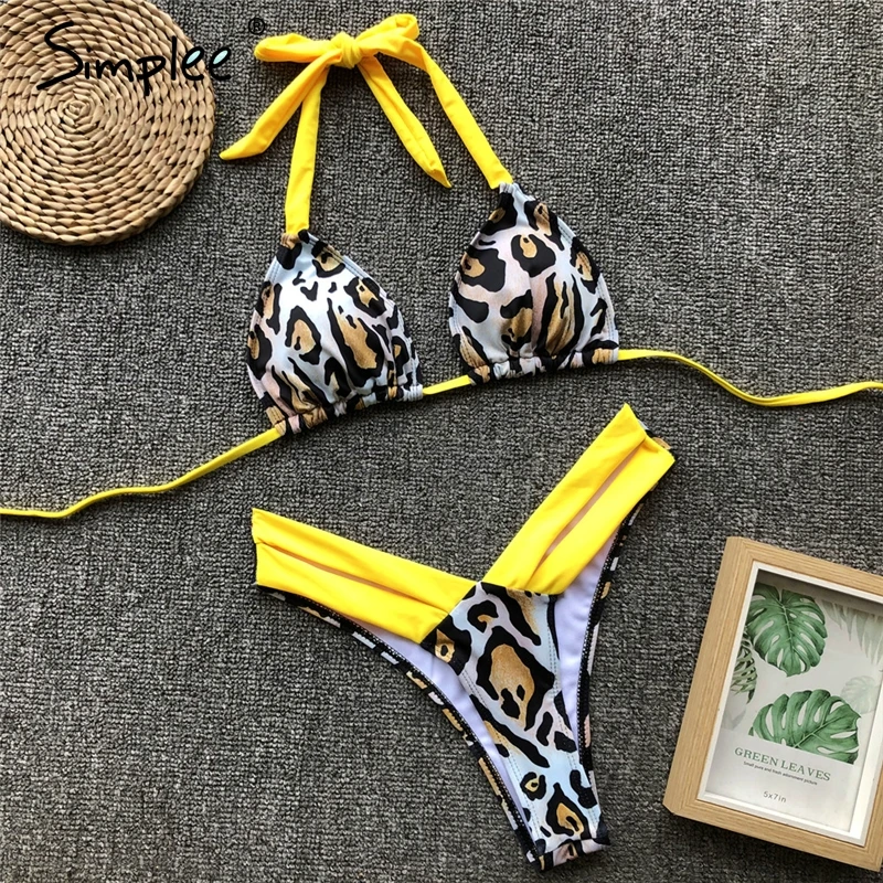 Винтажный купальник Simplee с леопардовым принтом женский из бюстгалтера и стрингов