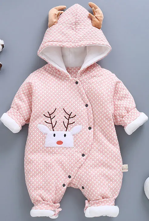 Утепленный комбинезон, милый детский комбинезон с капюшоном для мальчиков, одежда для новорожденных Одежда для маленьких девочек осенне-зимняя детская одежда комбинезон - Цвет: Fawn pink