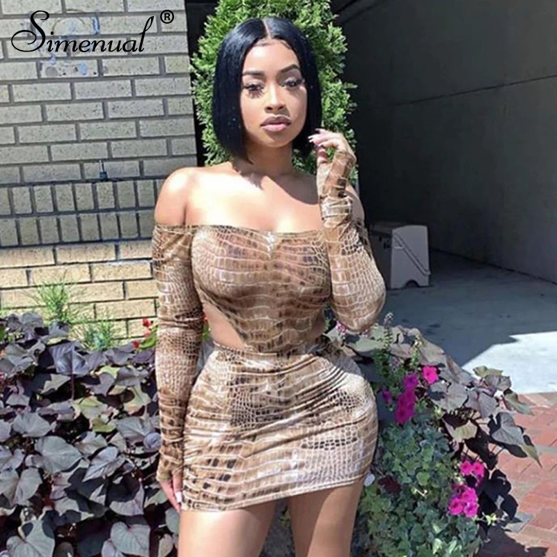 Women Two Piece Outfits Off Shoulder Bodysuit And Skirt Snake Print OG0685