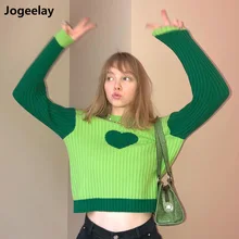 

Women's Pullover Sweaters Long Sleeve Crewneck Cute Heart Knitted Sweaters Color Stitching Cropped Sweater