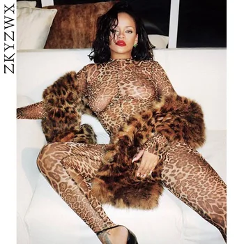 

ZKYZWX Mesh Sheer Leopard Jumpsuit Women Long Sleeve Bodycon Rompers Body Overalls Fall Streetwear Rave Sexy One Piece Outfits