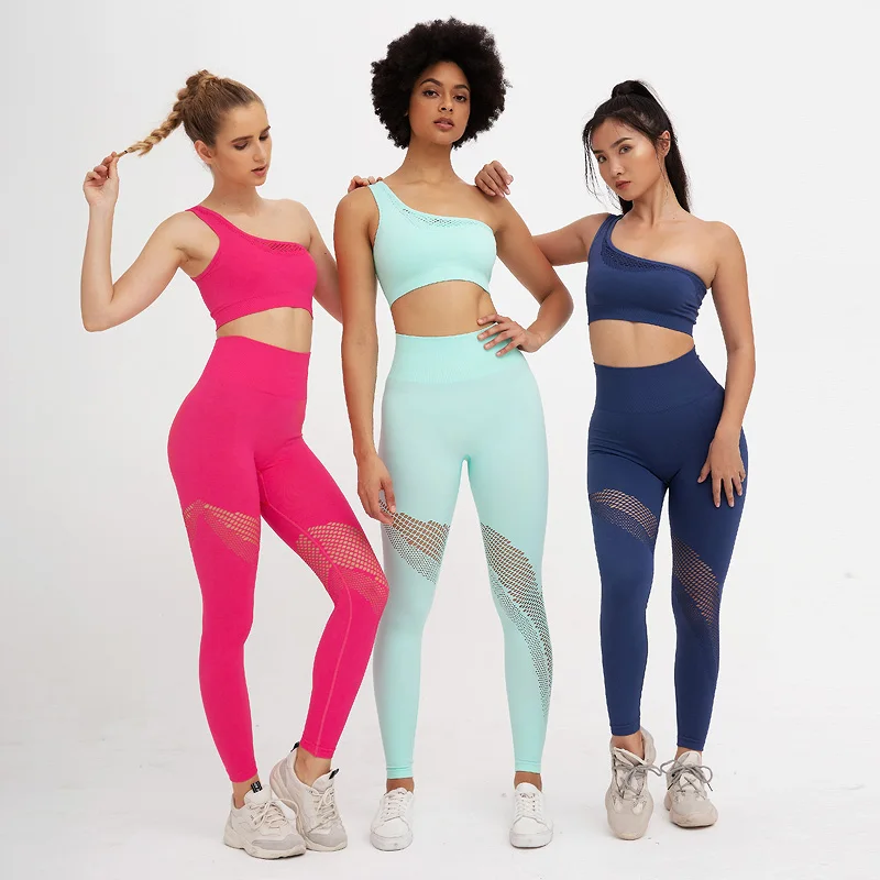 

2 Piece Sports Sets Summer New Yoga Pants Legging Fitness Clothes For Womens Gym Suits One shoulder Bra Sexy Outfits Seamless