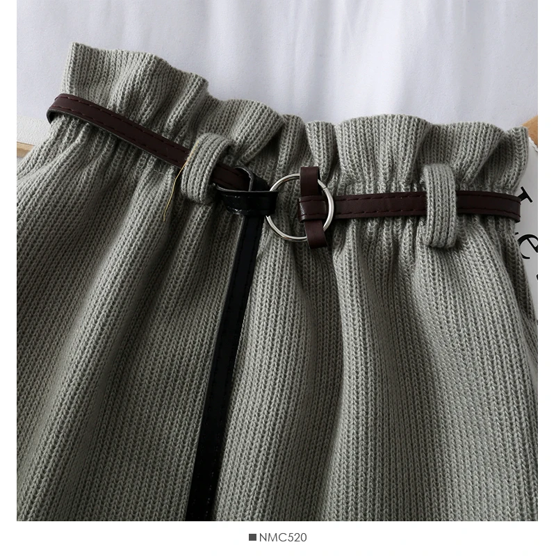 Женские вязаные юбки с высокой талией и поясом, осень, винтажные трапециевидные уличные юбки в Корейском стиле Харадзюку