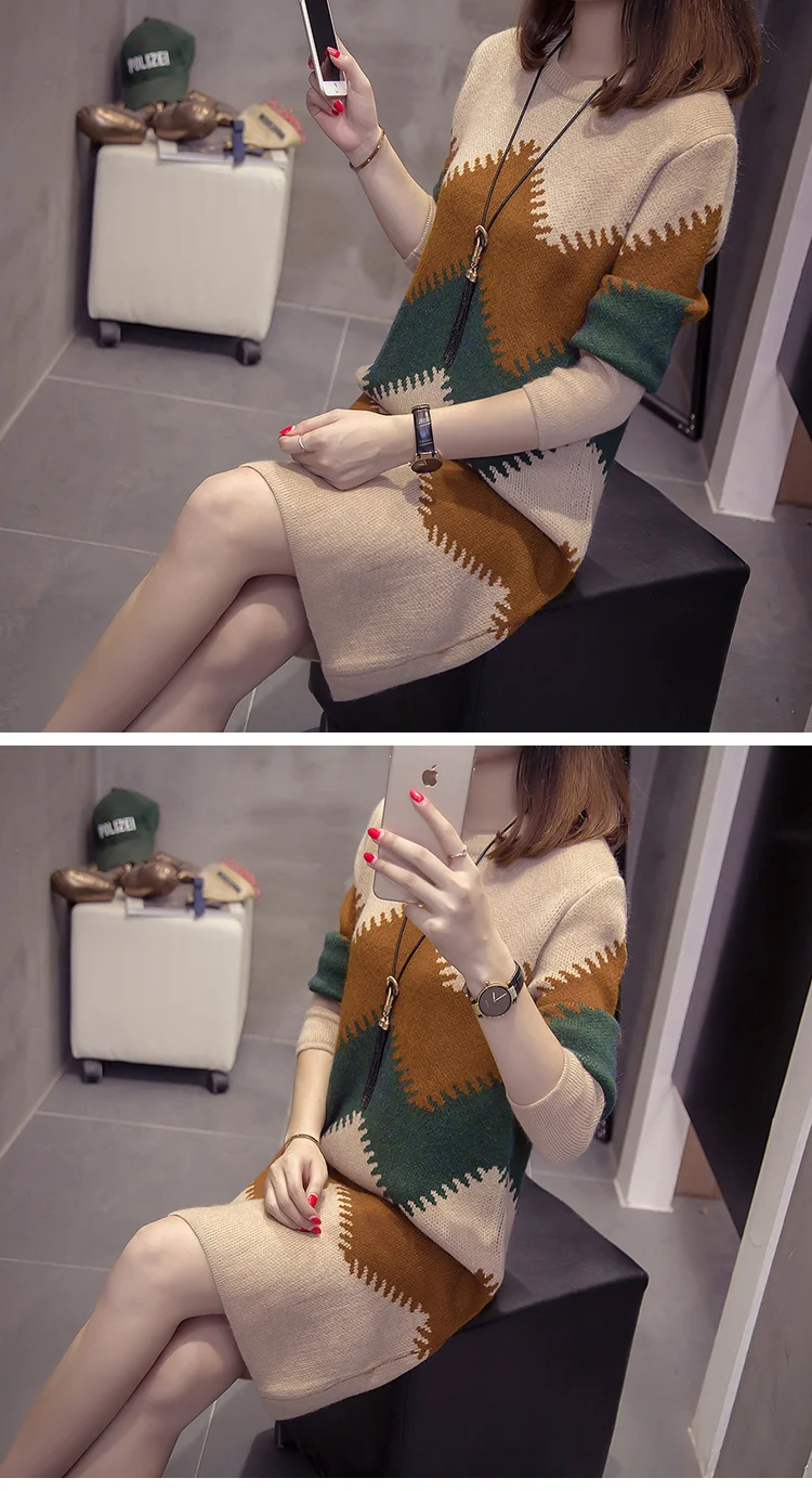 XL-4XL плюс размер женский теплый свитер платье осень зима Мода рябь узор длинный рукав женские повседневные трикотажные платья