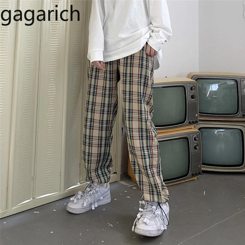 

Gagarich Women Retro Plaid Pants Spring Autumn New Loose High Elastic Waist Ladies Long Straight Trousers Female Harajuku Pants