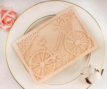 

50pcs pocketfold Wedding invitation Cards three folded card laser cut bicycle pocket Greeting invitations cover for party invite