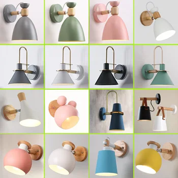 

Macaron wall lamp Nordic creative bedroom background wall simple modern bedside lamp personalized wood art wall lamp cross