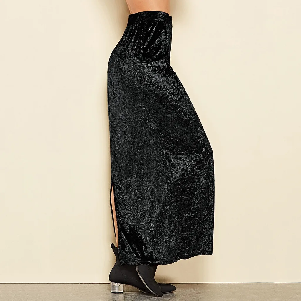 Faldas mujer moda, юбки женские с высокой талией, однотонная, элегантная, золотая, бархатная, с разрезом, Длинная зимняя юбка, jupe femme saia midi