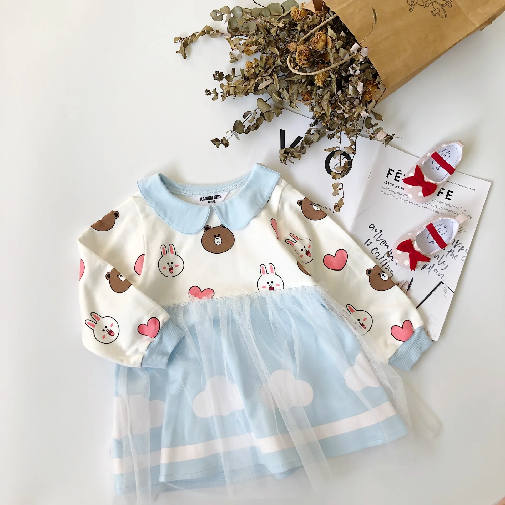 

Tonytaobaby Autumn Dress New Baby Girl Bear Rabbit Print Fairy Gauze Dress Princess Dress