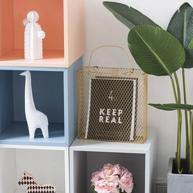 Mesh Metal Desk Storage Basket with Handle Chic Nordic Magazine Organizer Home Decoration