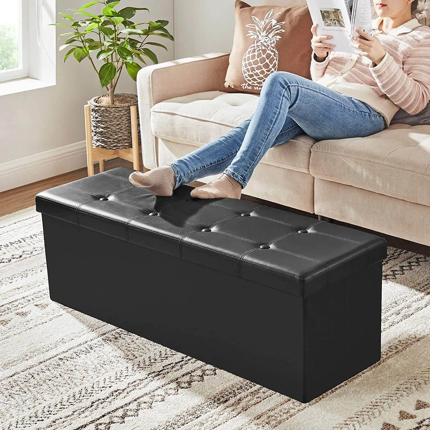 KINGSO Storage Benches Foldable Stool with Storage Space Home Sofa Ottoman Seat Bench Chest Storage Box Living Room Furniture