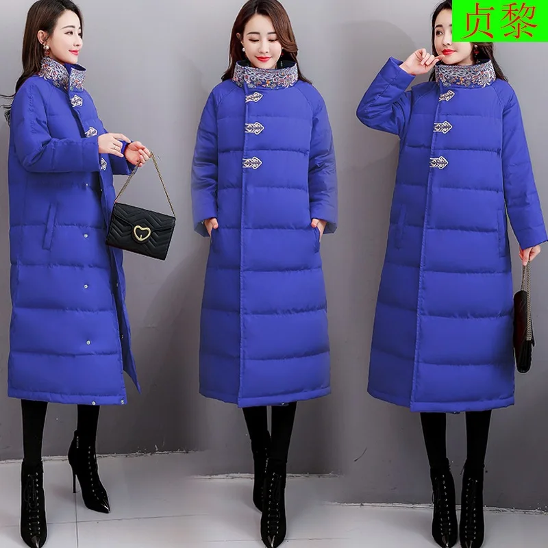 

China Ethnic-Style Embroidered Stand Collar Thick over-the-Knee Mid-length Cotton-padded Clothes Fashion New Style Winter down J