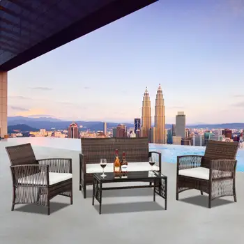 

4pcs 1 Double Seat 2 Single Seat 1 Coffee Table Armrest Hollow Knit Combination Sofa Brown Gradient Durable Rattan Material