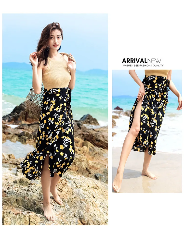 Шифоновая Женская юбка в Корейском стиле, универсальная, однотонная, с цветами, на шнуровке, модная, с высокой талией, средней длины, пляжная