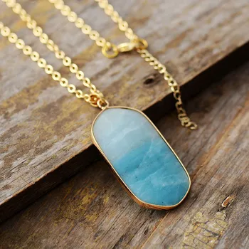 Fashion Natural Stone Geometric Pendant Necklace Amazonite Gold Tone Chain Necklaces Unique Gems Jewelry Dropshipping