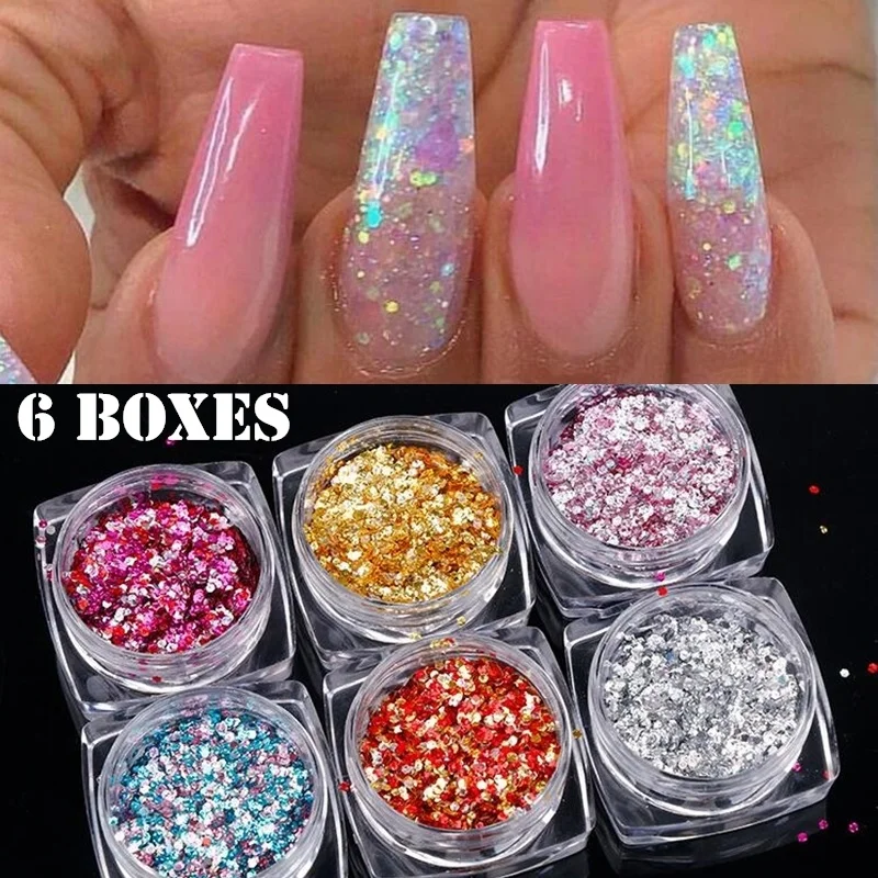 

6 Boxes Nail Rhinestones Nail Art Decorations Sequins Accessories Manicure Hexagon Sequins Flakes Powder Nail Paillette DIY