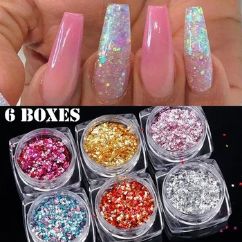 

6 Boxes Nail Rhinestones Nail Art Decorations Sequins Accessories Manicure Hexagon Sequins Flakes Powder Nail Paillette DIY
