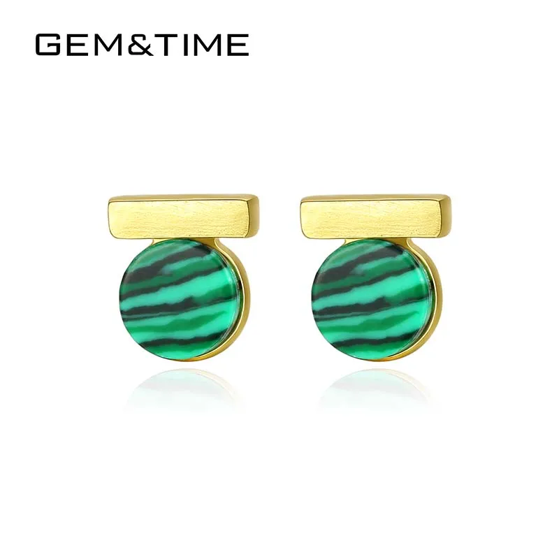 Женские серьги гвоздики с натуральным малахитом Gem & Time из настоящего серебра 925