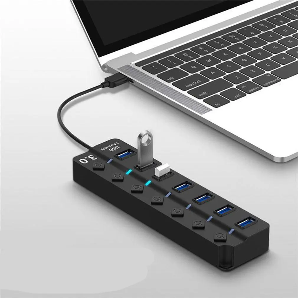 7 портов usb-хаб USB3.0 концентратор разветвитель вкл/выкл переключатель светодиодный индикатор с ЕС/США адаптер питания для ноутбука MacBook