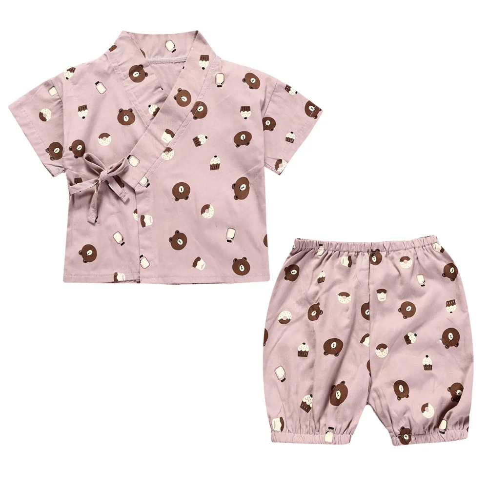 Кимоно в японском стиле для новорожденных; Спортивный костюм; комплект со штанами с героями мультфильмов; топы для маленьких мальчиков; хлопковая одежда с принтом для мальчиков; одежда для детей; комплекты одежды для младенцев - Цвет: Розовый